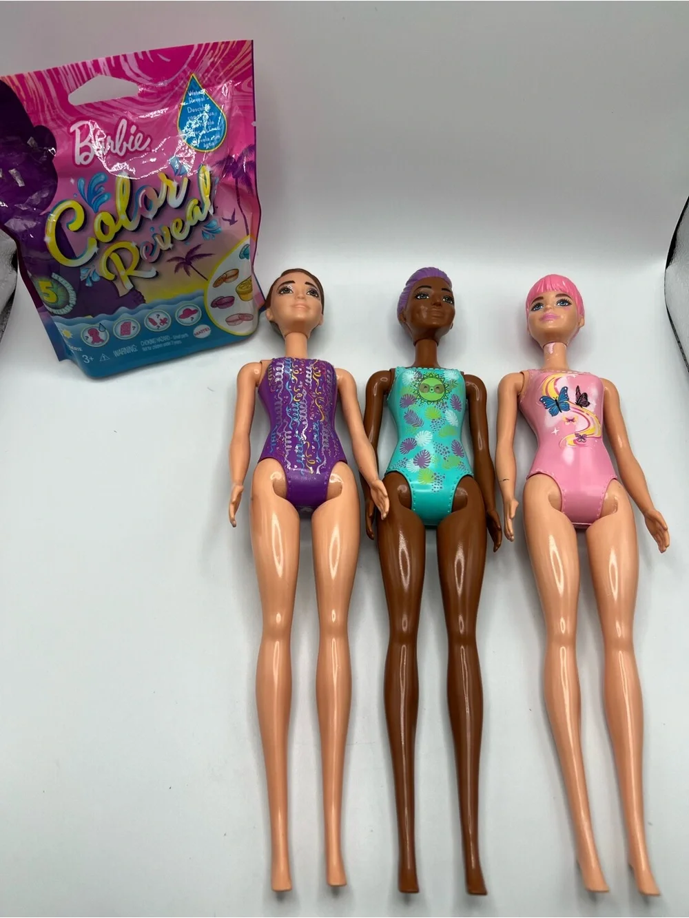 Lot of 3 Color Reveal Barbie Dolls with Plastic Hair Mattel New Blind Pack Baby
